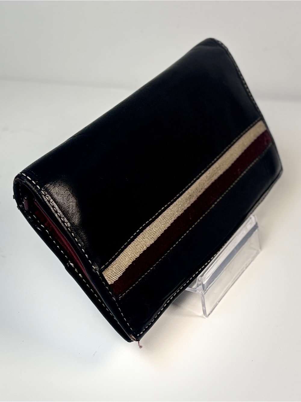 Coach Black burgundy Leather Women's Long Wallet with cream Accent Stripe